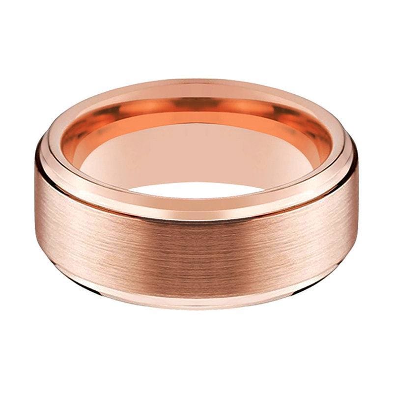 Tungsten Wedding Ring With Rose Gold Inlaid Brushed Center & Stepped Edges - 6mm